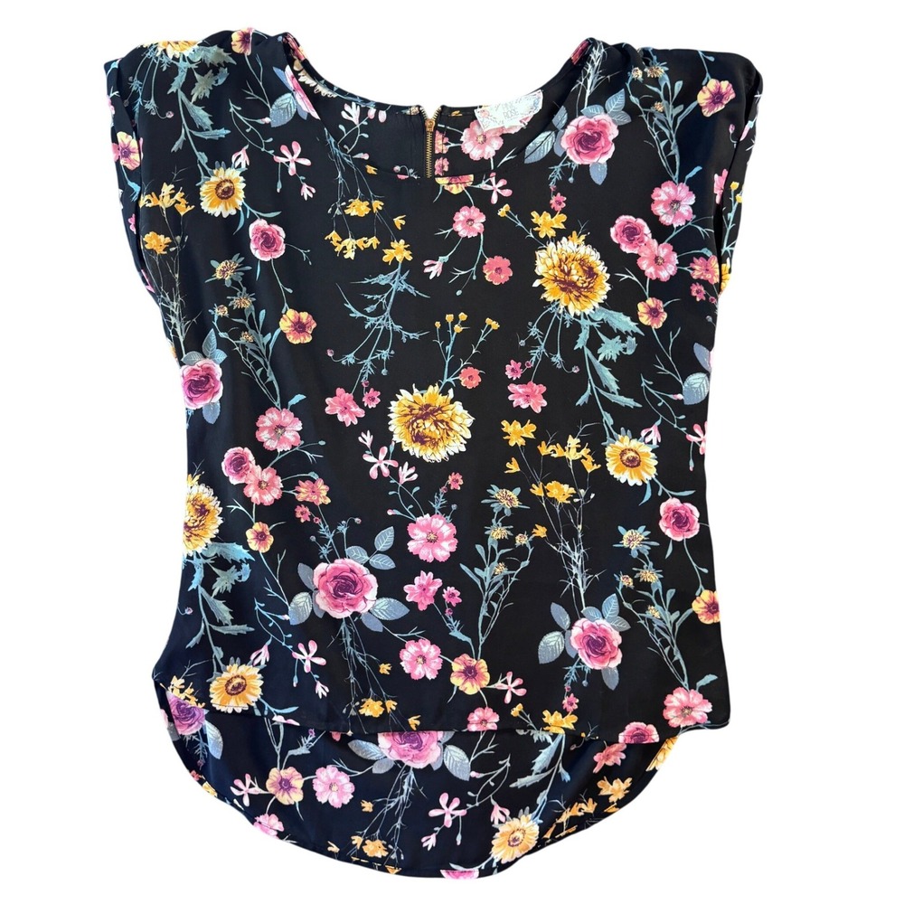 Pink Rose Vintage Floral Cap Sleeve Blouse Black Pink Yellow Zipper‎ Back Large